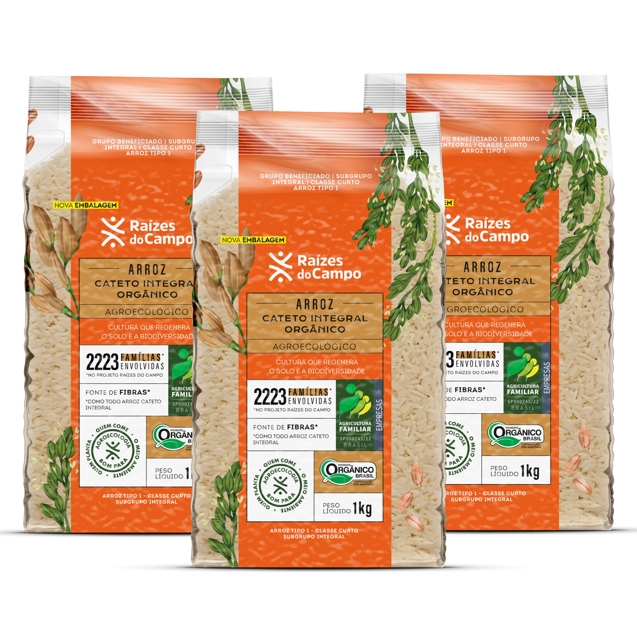 Kit 3 Unidades de Arroz Cateto Integral Orgânico 1kg