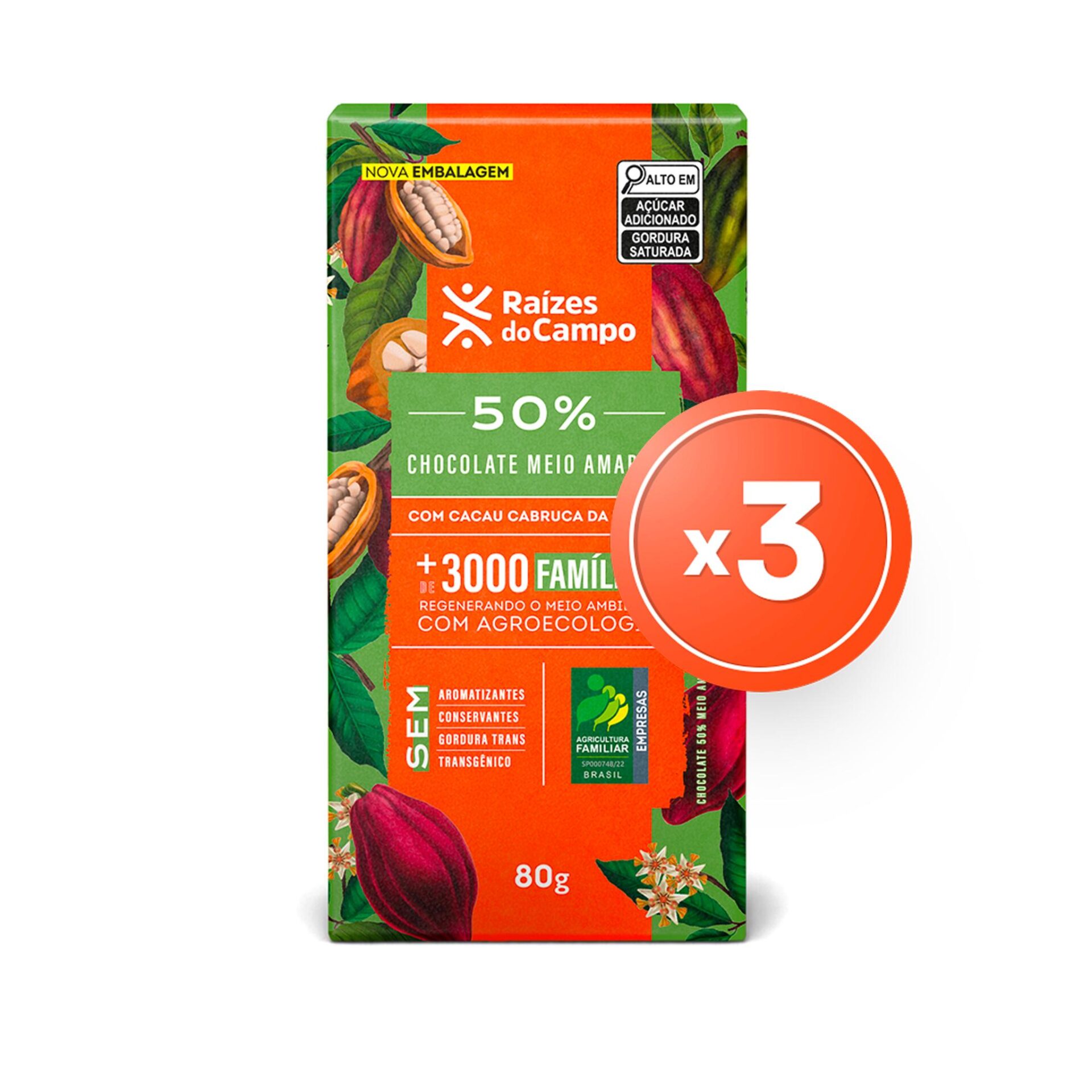 Pack - 3 Unidades de Chocolate Meio Amargo 50% Cacau (80g)