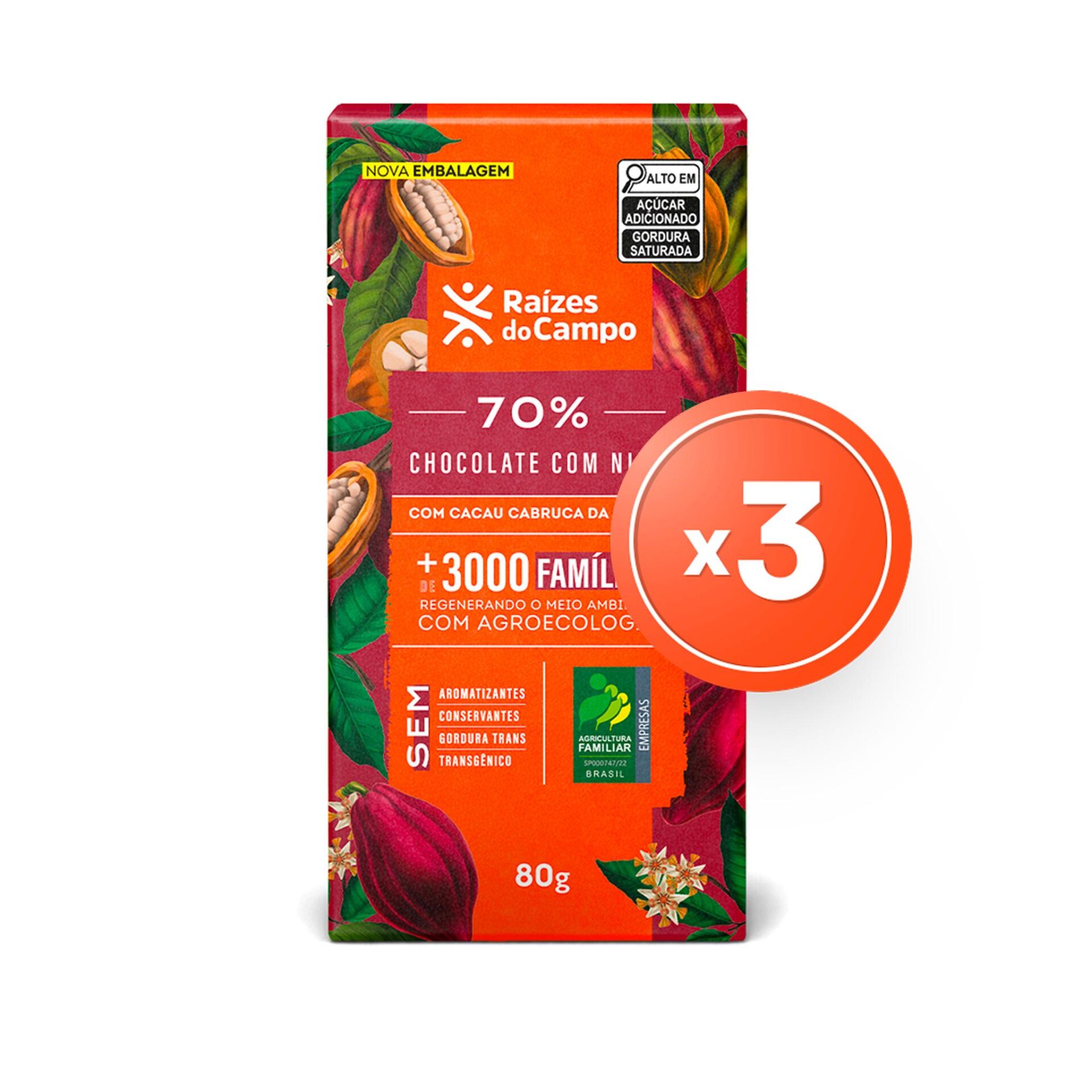 Pack - 3 Unidades de Chocolate Amargo 70% Cacau com Nibs (80g)