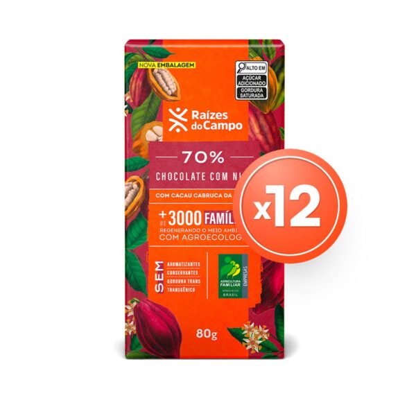 Pack - 12 Unidades de Chocolate Amargo 70% Cacau com Nibs (80g)