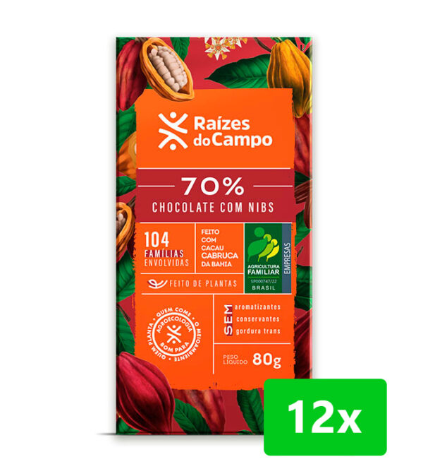 Chocolate Amargo 70% Cacau com Nibs 80g (Pack com 12)