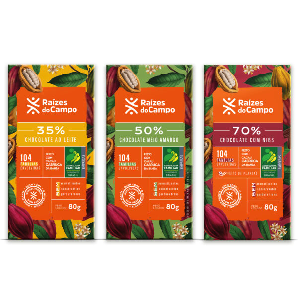 Chocolate 35%, 50% e 70% Cacau com Nibs 80g (pack com 3)