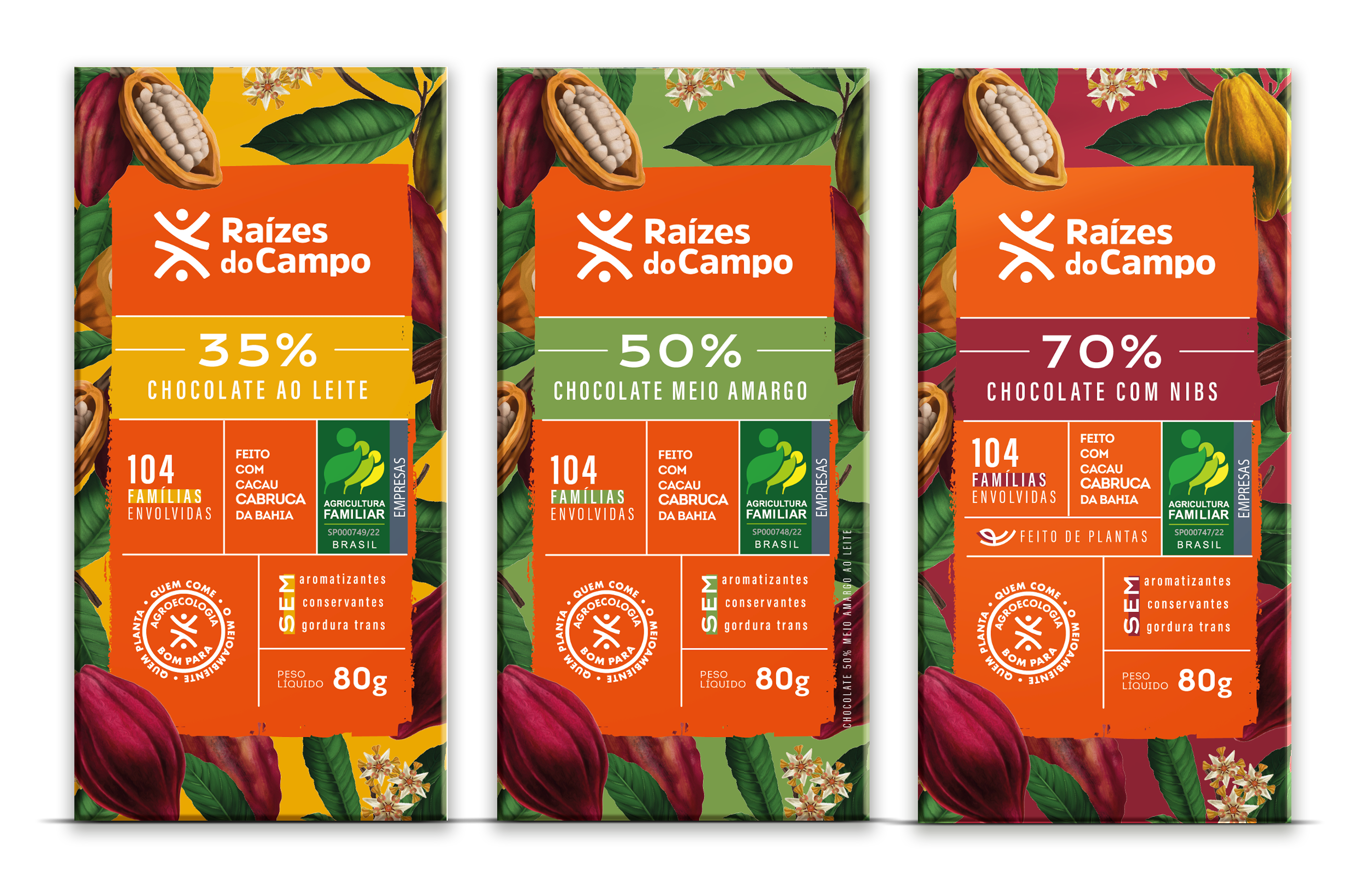 Chocolate 35%, 50% e 70% Cacau com Nibs 80g (pack com 3)