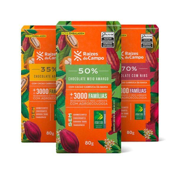 Pack - 3 Unidades Variadas de Chocolates: 35%, 50% e 70% Cacau com Nibs (80g)