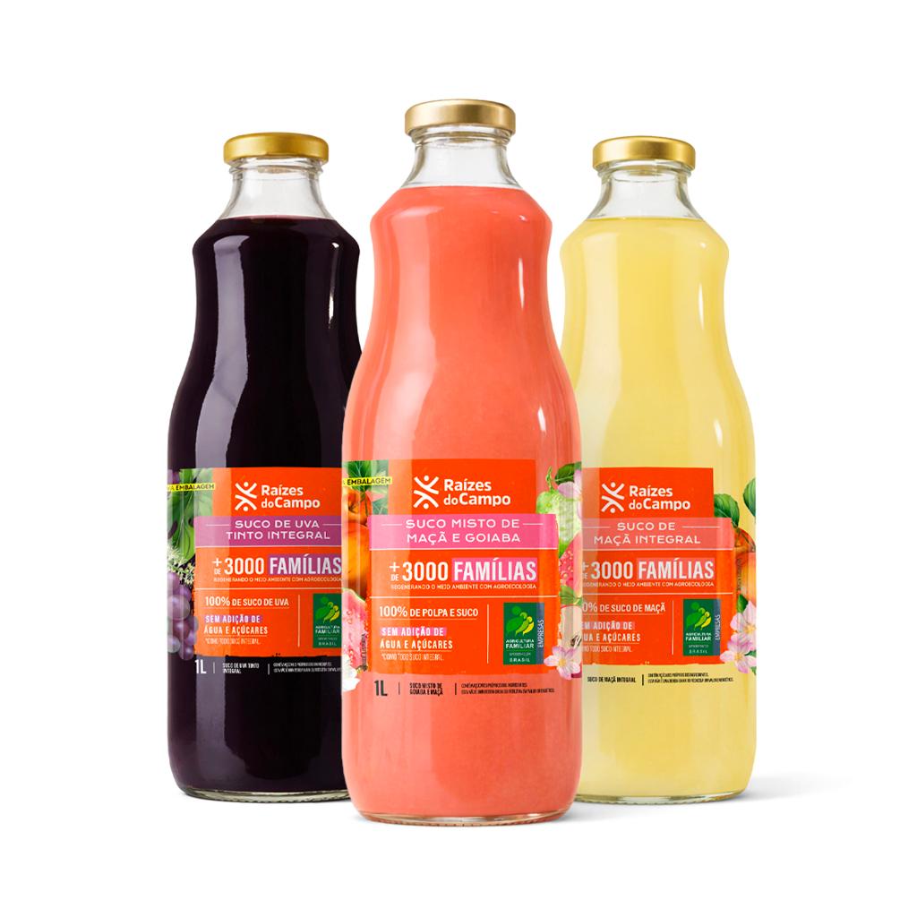 Pack – 3 Unidades Variadas de Sucos (1Litro): Uva Integral, Maçã Integral e Misto de Maçã e Goiaba